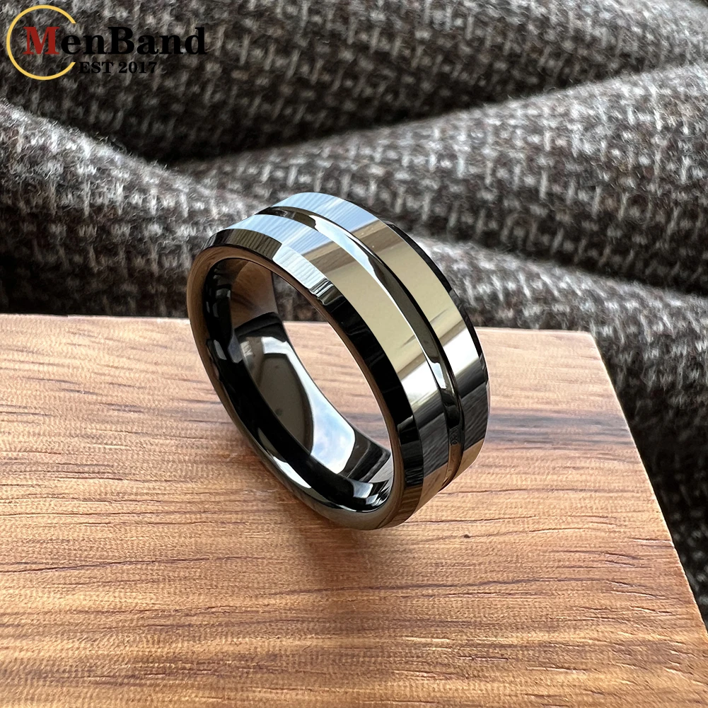 MenBand 6/8mm Tungsten Carbide Men's Women's Wedding Ring with Groove Center, Surface and Bevel Polished for a Comfortable Fit