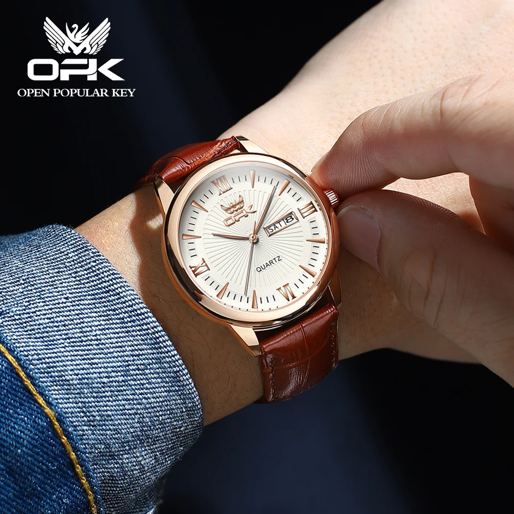 Opk 6014นาฬิกาควอทซ์ผู้ชายใหม่นาฬิกาแฟชั่นสองปฏิทินกันน้ำของแท้สายนาฬิกาหนังหรูหรานาฬิกาข้อมือสำหรับผู้ชาย