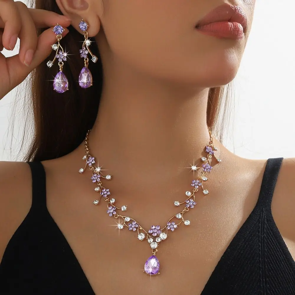 Rhinestone Water Drop Bridal Jewelry Sets Shiny Adjustable Exquisite Jewelry Sets Aesthetic Handmade Choker Necklace Earring Set view 3
