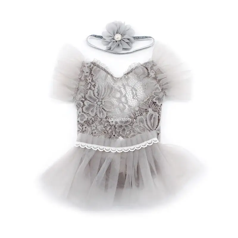 Newborn Photography Outfits Baby Girl Lace Ruffle Sleeveless Romper with Skirt Flower Headband Princess Photo Dress