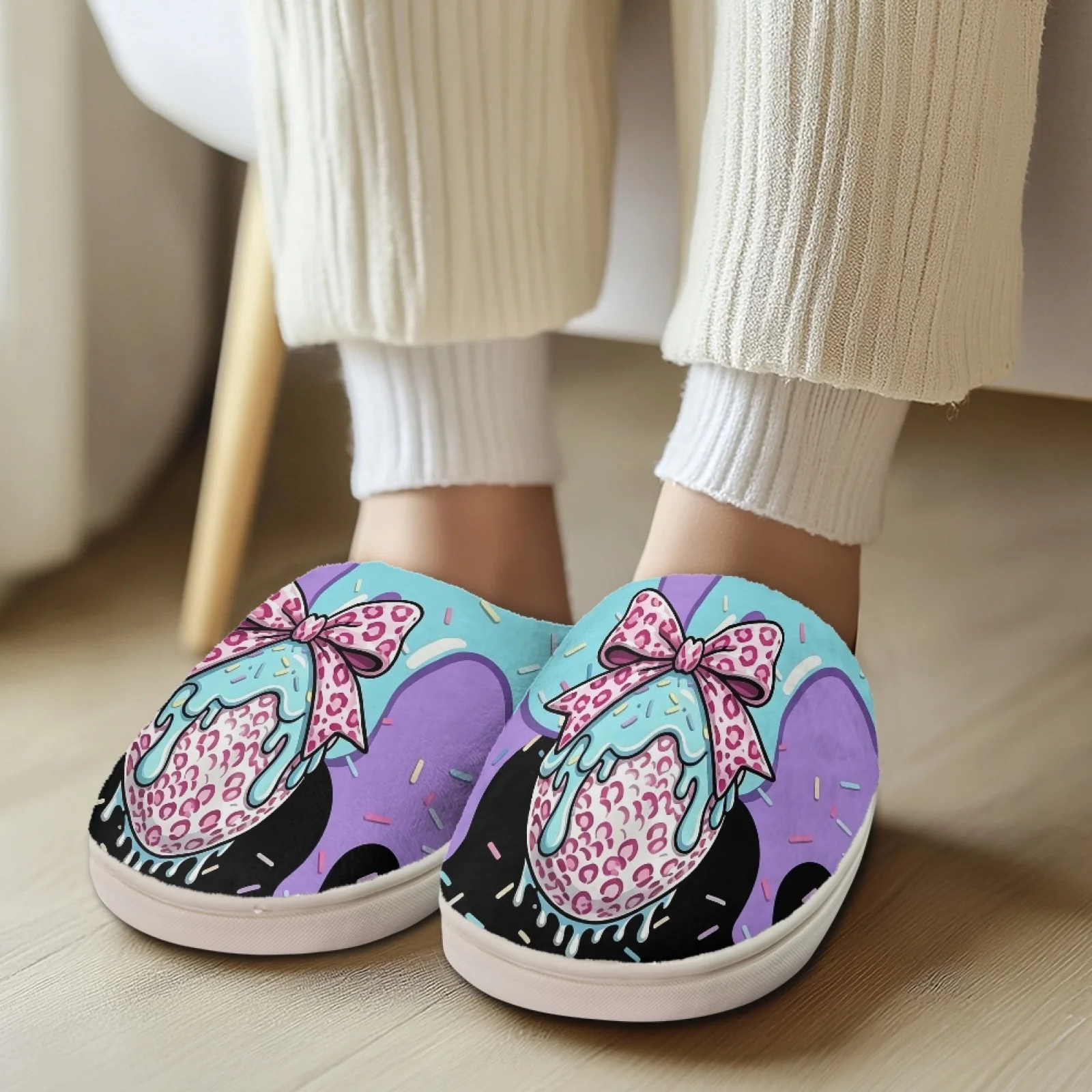 PENSTROLL Easter Egg Bow Print Non-Slip Warm Slippers Bedroom Slippers Freelancer Home Shoes Extra Wide House Shoes