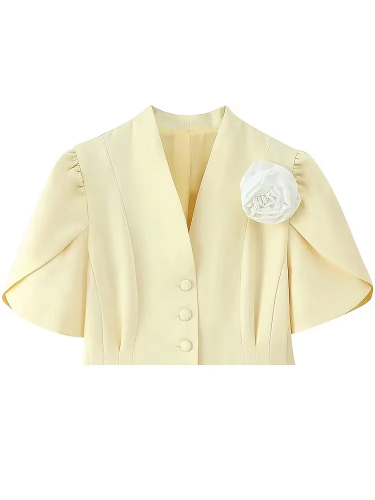 HH Frauen Herbst V-ausschnitt einreiher Kurzen Ärmeln Blazer Top Weibliche Chic Plissee 3D Blume Vintage 2-Farbe jacke Mujer