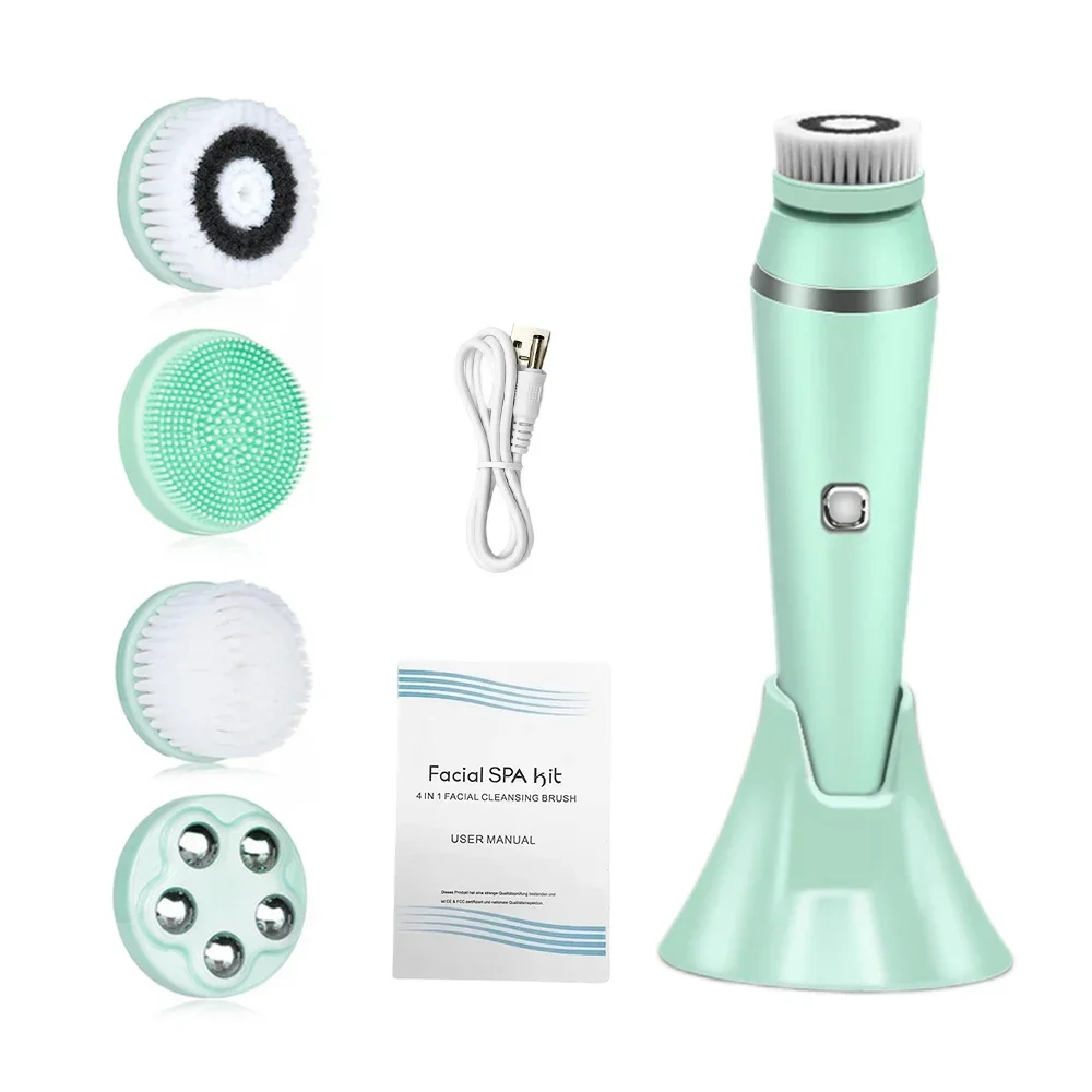 Ultrasonic Facial Cleaner Brush Set, elétrico para limpeza da pele, esfoliante, 4 diferentes cabeças de limpeza, massageador facial