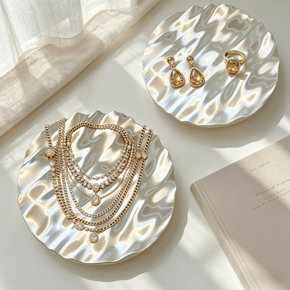 Wavy Silvery Jewelry Display Tray, Irregular Ripple Texture Trinket Plate for Earrings, Rings, Photography Prop Vanity Decor