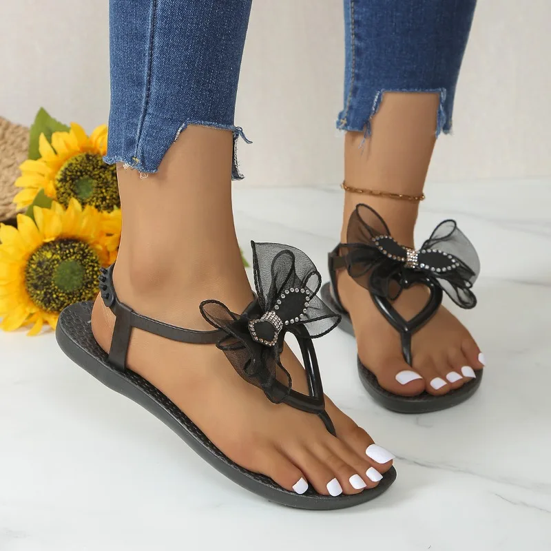 Women's Shoes 2024 Hot Sale Pinch Toe Women Sandals Summer Butterfly-knot Sequins Solid Outdoor Casual Flat Comfortable Sandals