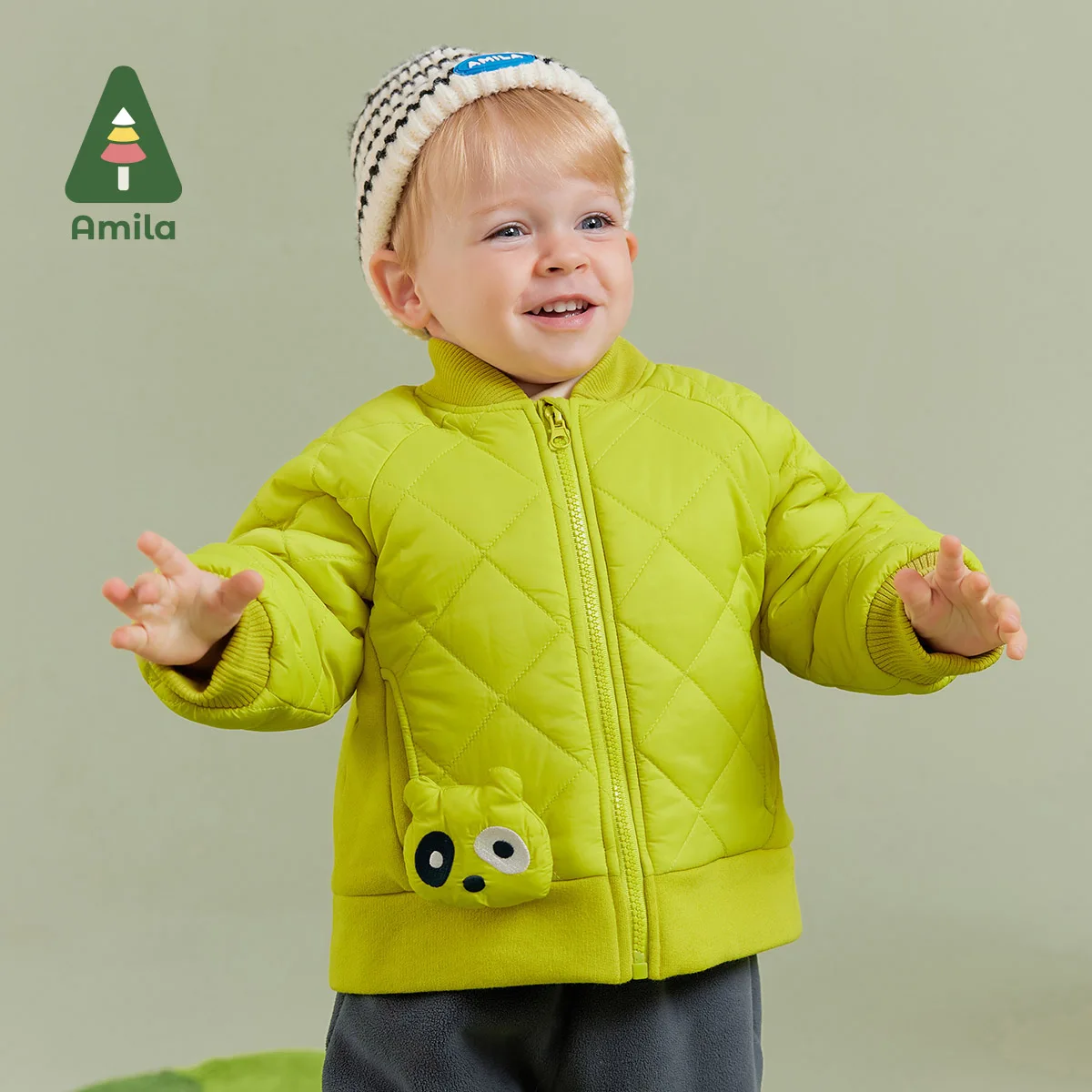 Amila Baby Boy Coat 2024 Winter New Multicolour Detachable Bear Doll Cotton Coat Cartoon Pattern Parsnip   Baby Clothing