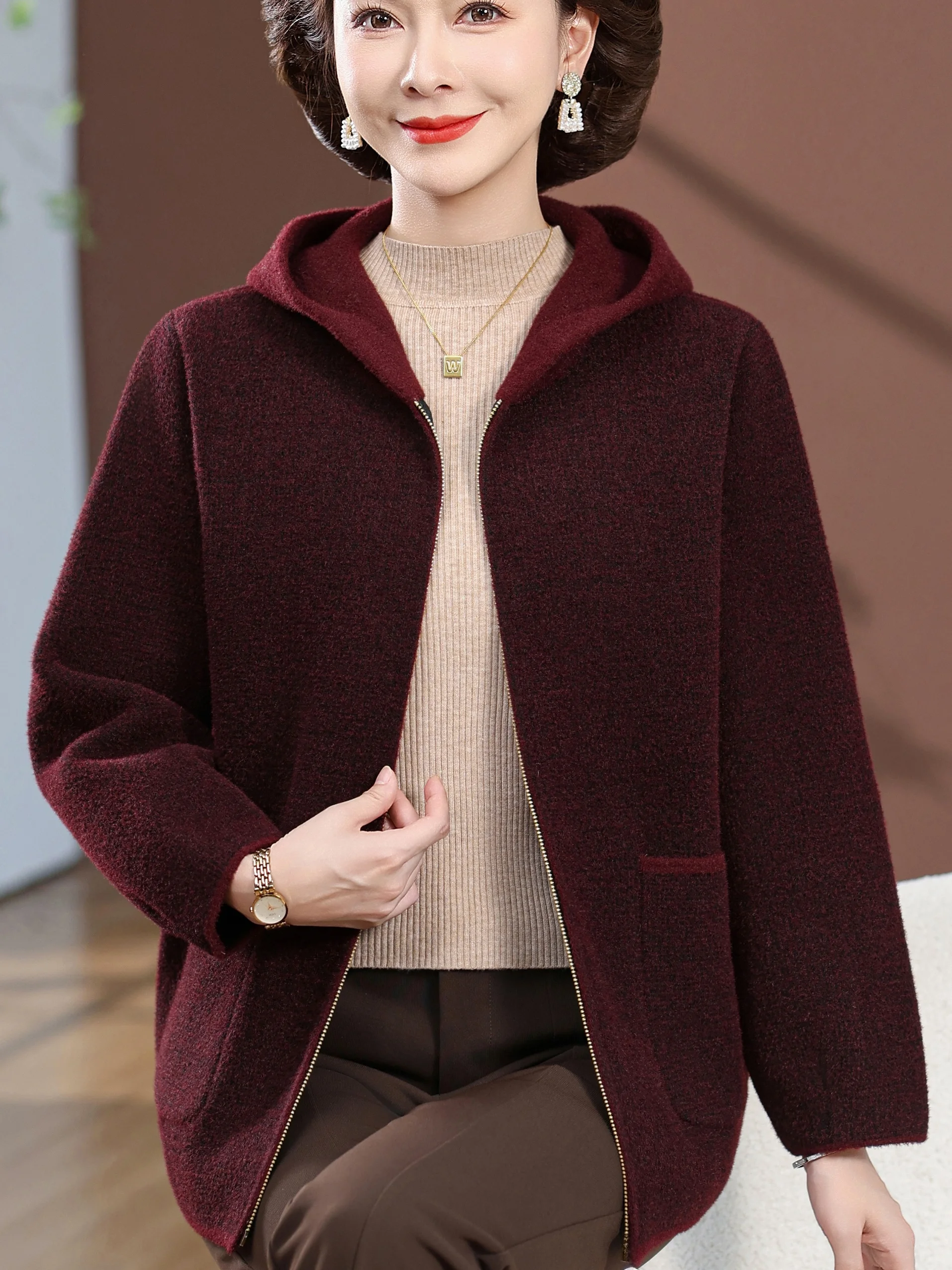 

Двустороннее шерстяное пальто на молнии с капюшоном для женщин среднего и старшего возраста, с большими карманами, модное, в стиле повседневной одежды для мам