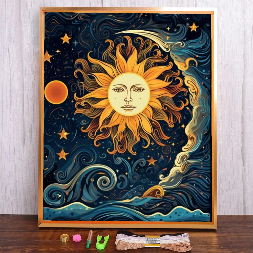 

Cotton Threads Abstract Sun and Moon Embroidery Complete Kit DIY Cross Stitch Kits Cross-stitch Embroidery Set Needle Needlework