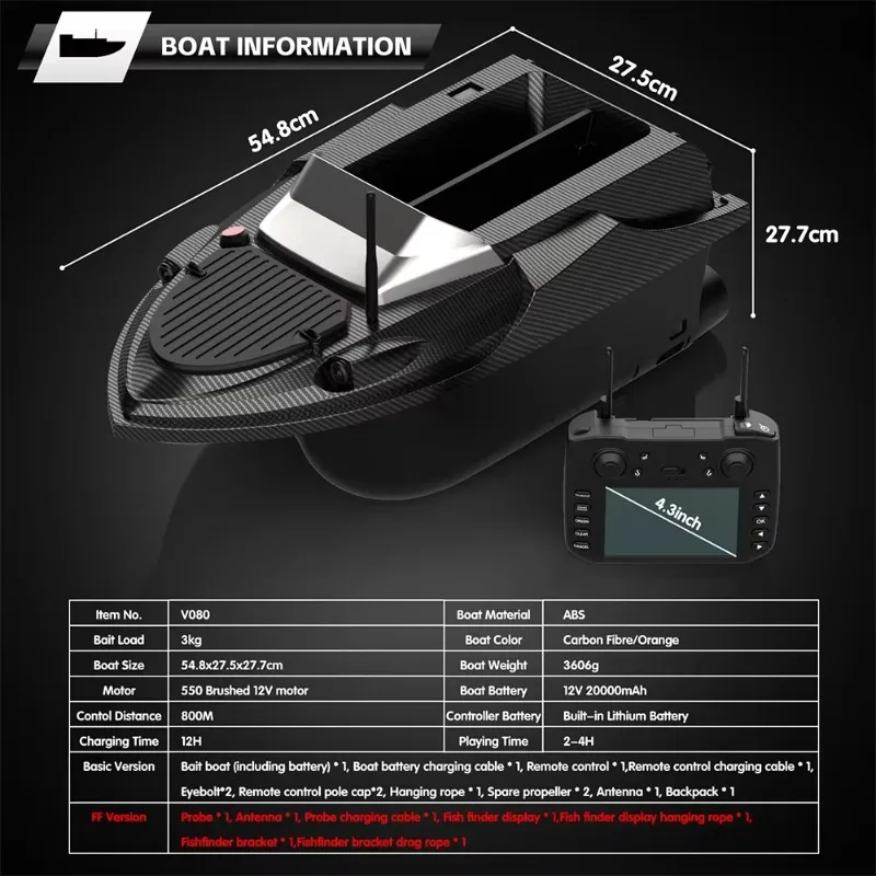 

V080 RC Fishing Bait Boat GPS 180 Points 2.4G Sonar 15km/h 800m Control Distance 3kg Load Capacity