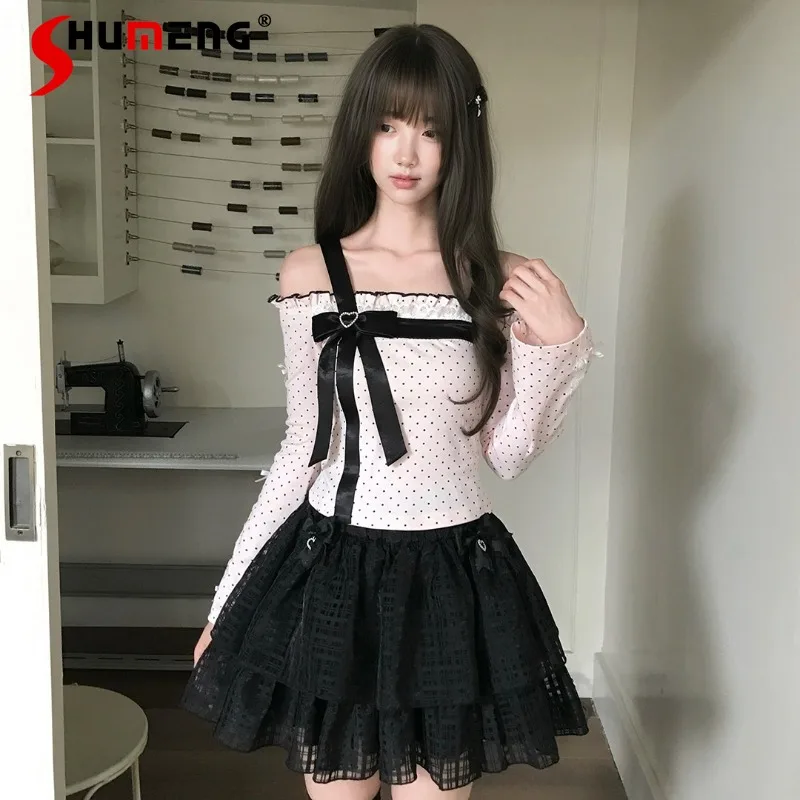 

Satin Pink Lace Sweet Style Polka Dot Off Shoulder Top Elegant Cute Bow Waist Slim Fit Long Sleeves All Match Daily Lady T-shirt