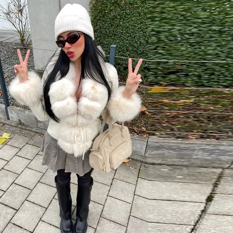 

Black Chic New Knitting Jacket Faux Fur Collar Lace Up Patchwork Casual Short Full Sleeve Coat Winter Cozy Stylish Street Wear