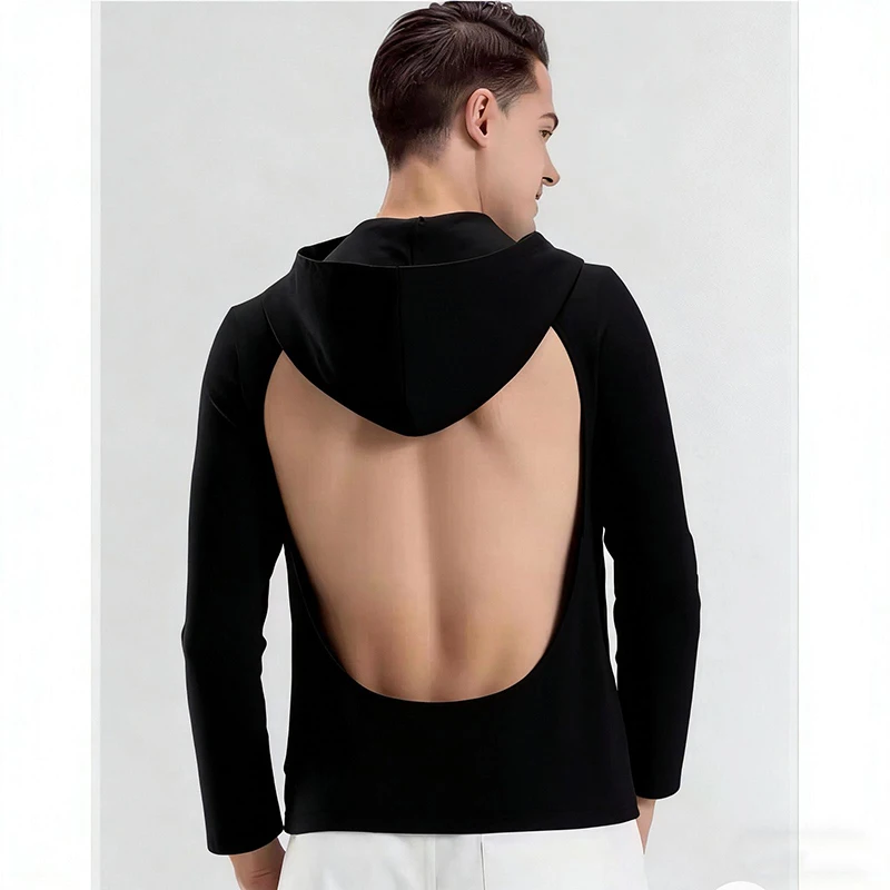 Men's Backless Hooded Sunbathing Shirt Summer Ice Silk Breathable UV Protection Long Sleeve Tops Plus Size Sunscreen Clothing