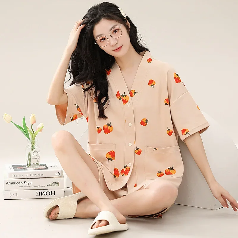 

Пижамный комплект женский из 2 предметов, хлопковая одежда для сна с принтом и карманами, на пуговицах, шорты с коротким рукавом, домашняя одежда