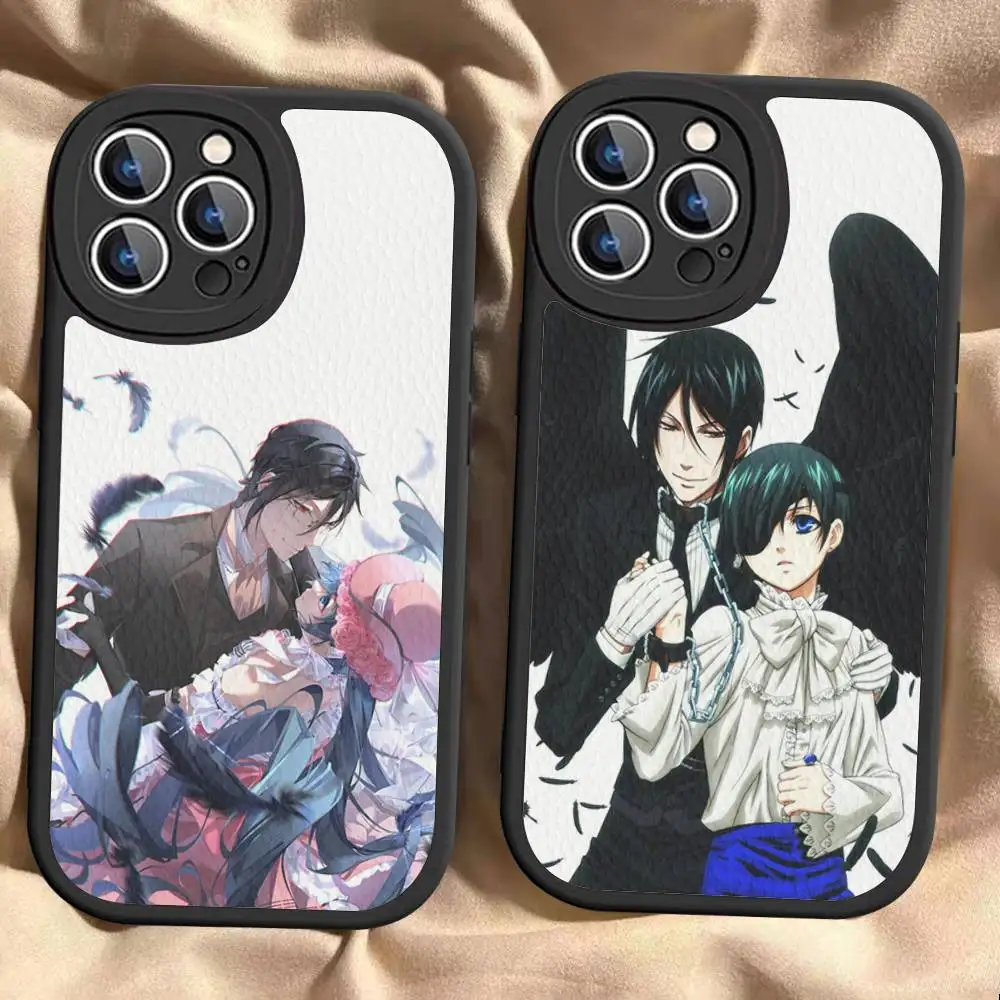Klassische Anime B-Black B-Butler Leder-Handyhülle für iPhone 16 16e 15 14 13 12 11 Pro Max Plus Mini Cover