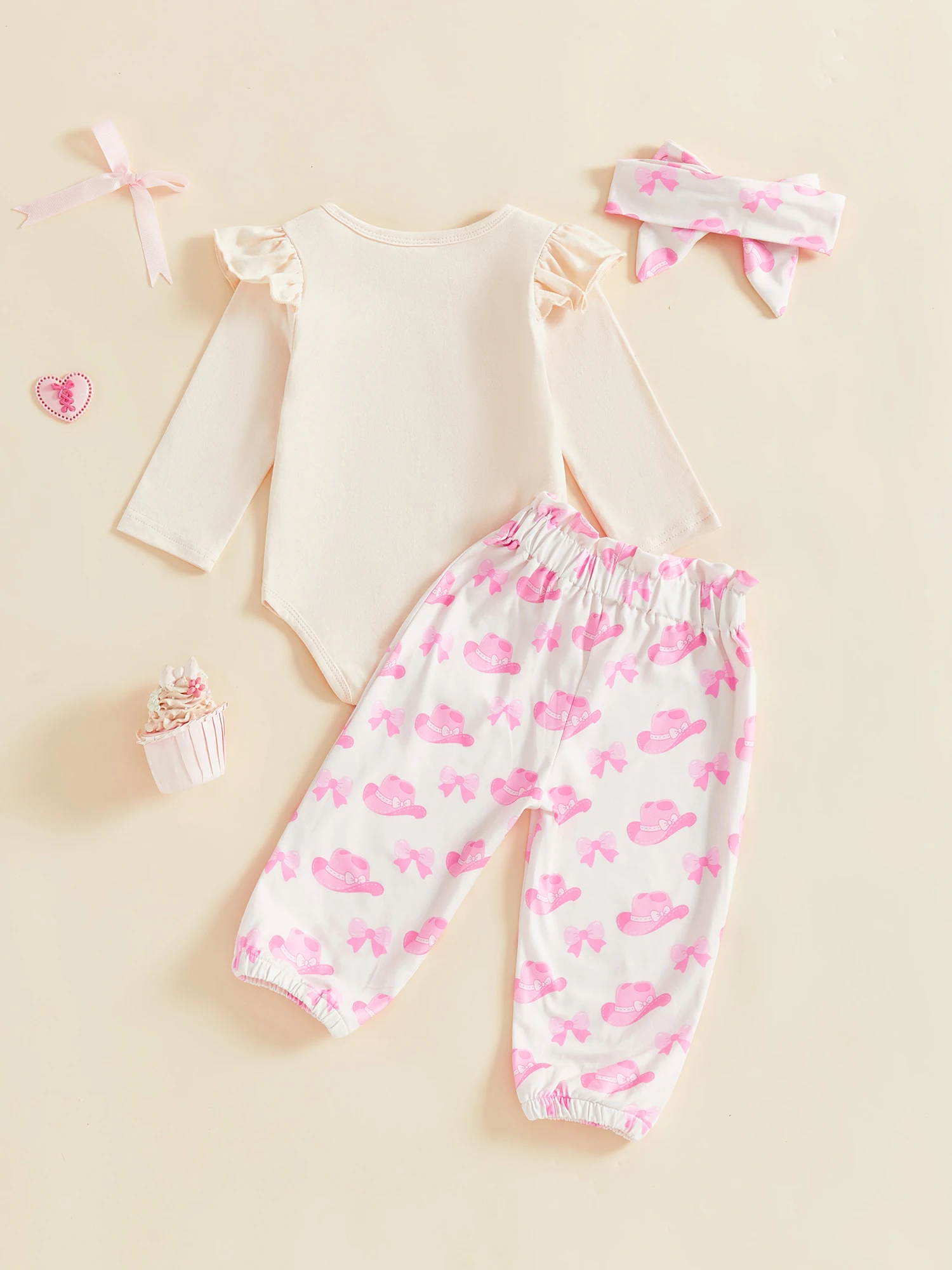 

Toddler Girl Winter Clothes Set Long Sleeve Round Neck Romper Hat Bow Print Pants Headband 3 Piece Outfit Kit for Fall