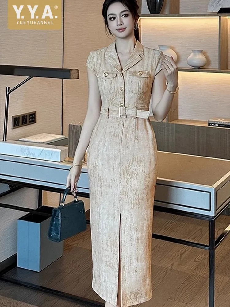 

Summer Elegant Short Sleeved Mid-Calf Slim Fit Dress Fashion Front Slit Style Unique Beautiful Belt Suit Collar Wrap Dresses