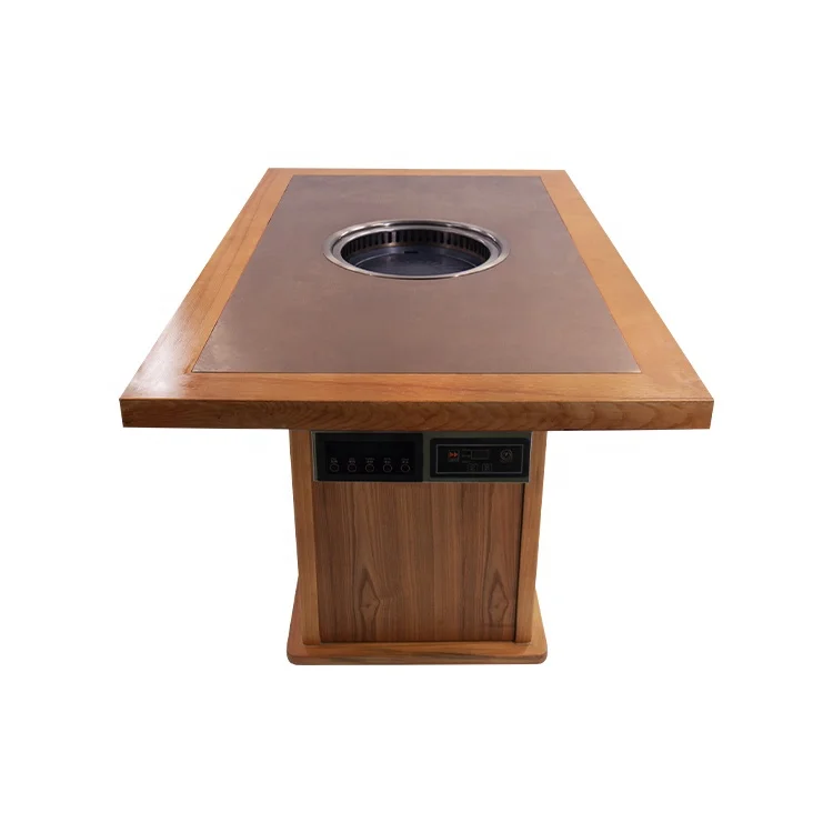 Modern Buffet Furniture Korean BBQ Grill Wooden Dining Hot Pot Table Electric Built in Stainless Steel for Restaurant Tables