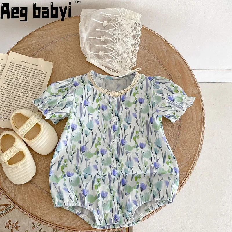 

Baby Bodysuit Girl Clothes Summer Infant Rompers Lace Collar Flower Bubble Short Sleeve Jumpsuits Cotton Toddler Girl Clothing