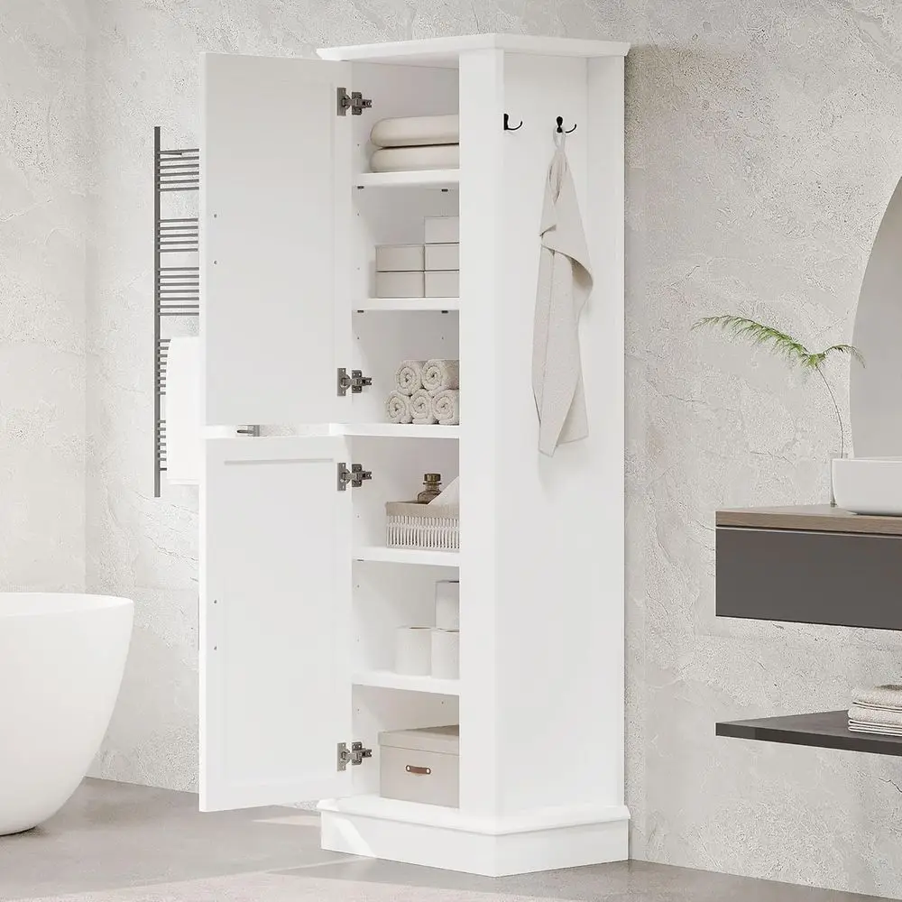 

White Dual-Door Bathroom Storage Cabinet with Hooks, Mop Holder, Adjustable Shelf, and Left/Right Mounting Options