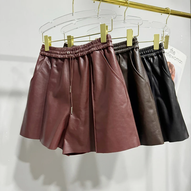 

Женские шорты, весенне-осенние кожаные шорты из овчины растительного дубления с эластичной резинкой на талии и шнурком, тонкие кожаные короткие брюки трапециевидной формы, женские