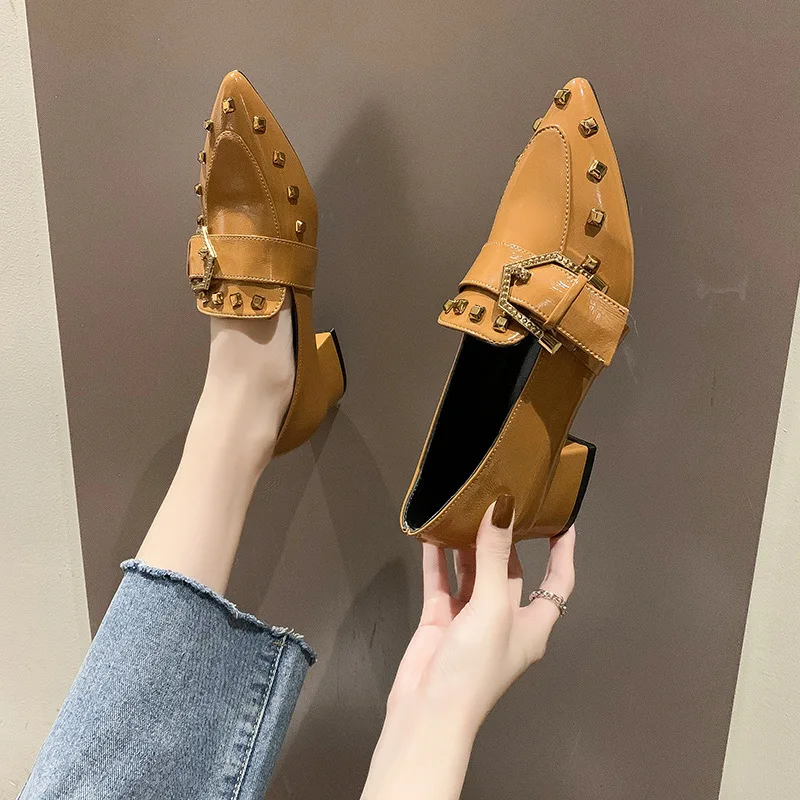 Women\'s Spring 2024 New Rivet Women\'s Pointed Toe Thick Heels Fashion British Style Loafer Female Slip on Shoes Zapatillas Mujer