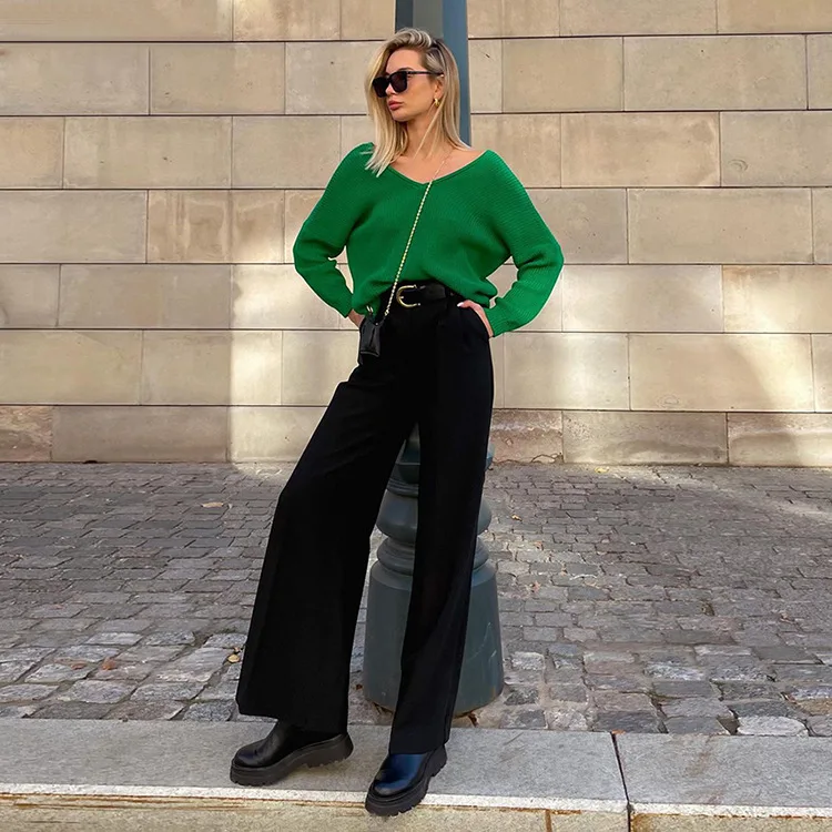 Blue Office Women'S Pants 2025 Fashion Loose Full Length Ladies Trousers Casual High Waist Wide Pants For Women