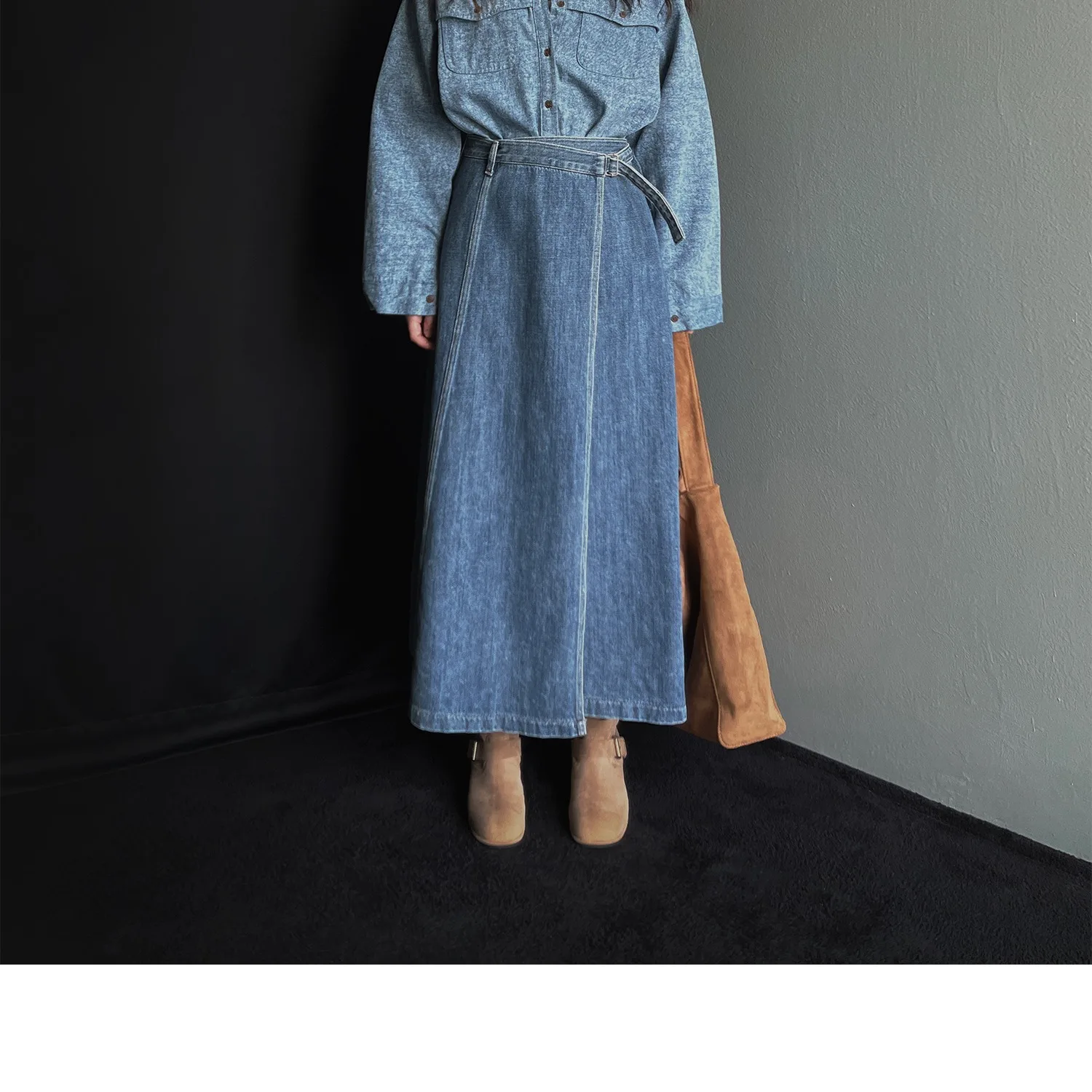 Korean Style Chic Lazy Shirt Wrap Slit Uneven Jeans Half Skirt Two Piece Set Women's Fashion Set Long Sleeve Four Seasons - view 3