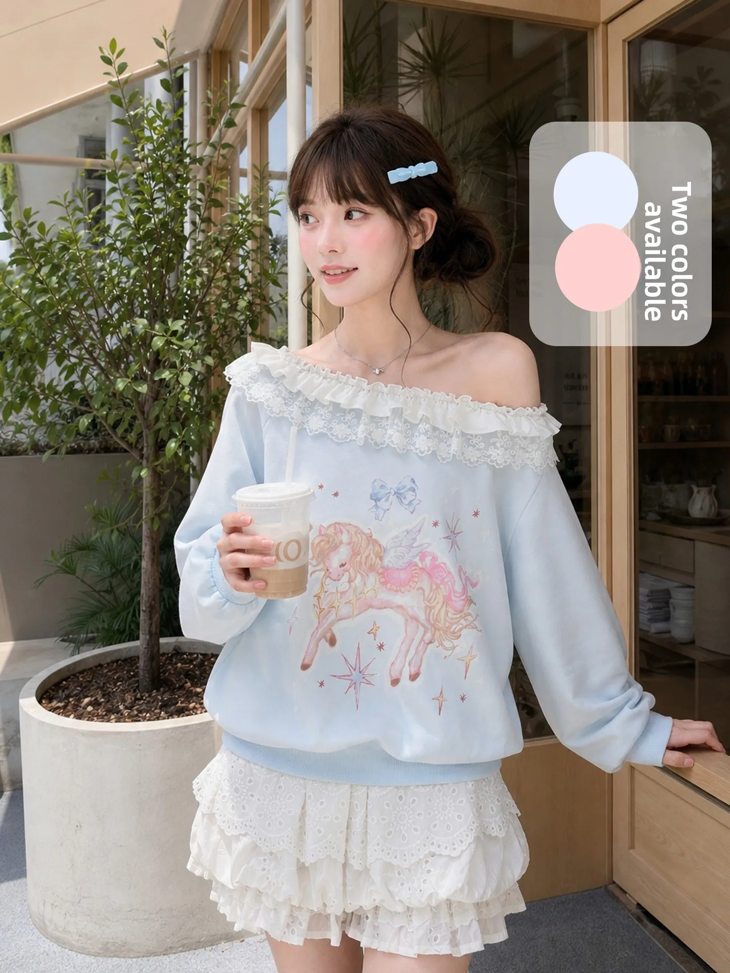 Sweet Girl Feel Long Sleeve One Shoulder Hoodie Women's New 2026 Blue Design Sense Loose Fit Cotton Polyester Blend Autumn Top