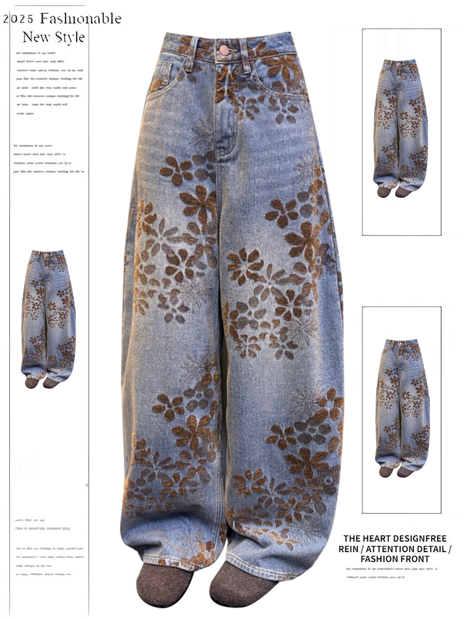 

Y2K Women's Vintage Floral Embroidered Wide Leg Jeans Loose Fit High Waist Denim Pants Streetwear Aesthetic Trousers