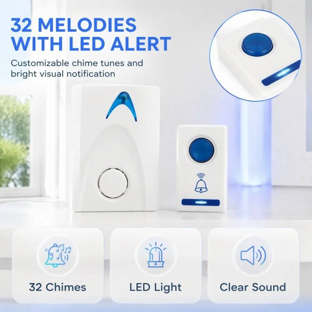 Loud 32 Melodies Doorbell Waterproof Includes Receiver and Transmitter Music Doorbell 100M Range Cordless Doorbell Office