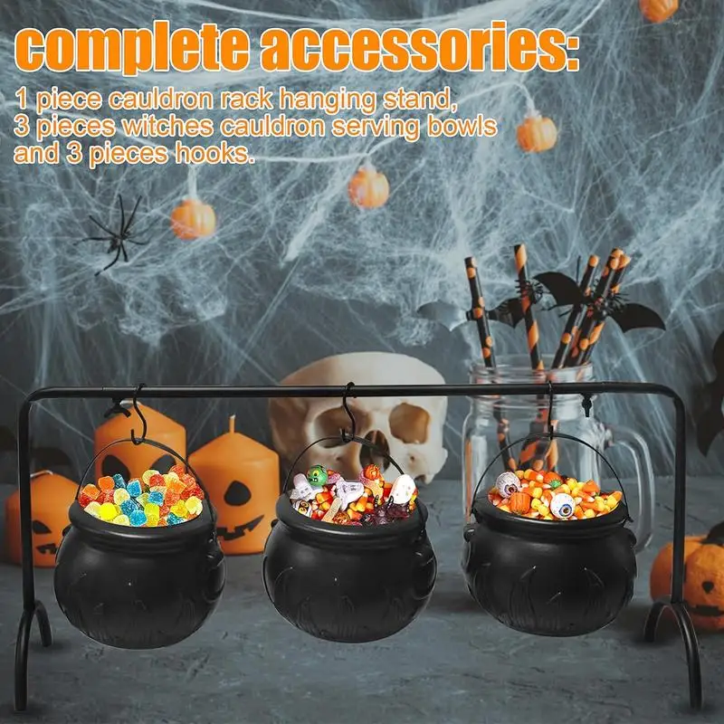 Witch Cauldron Decor Witches Cauldron Kettle Cauldron Pot Candy Servers Black Pots Home Decor 3 Pcs Cauldrons On Rack Halloween