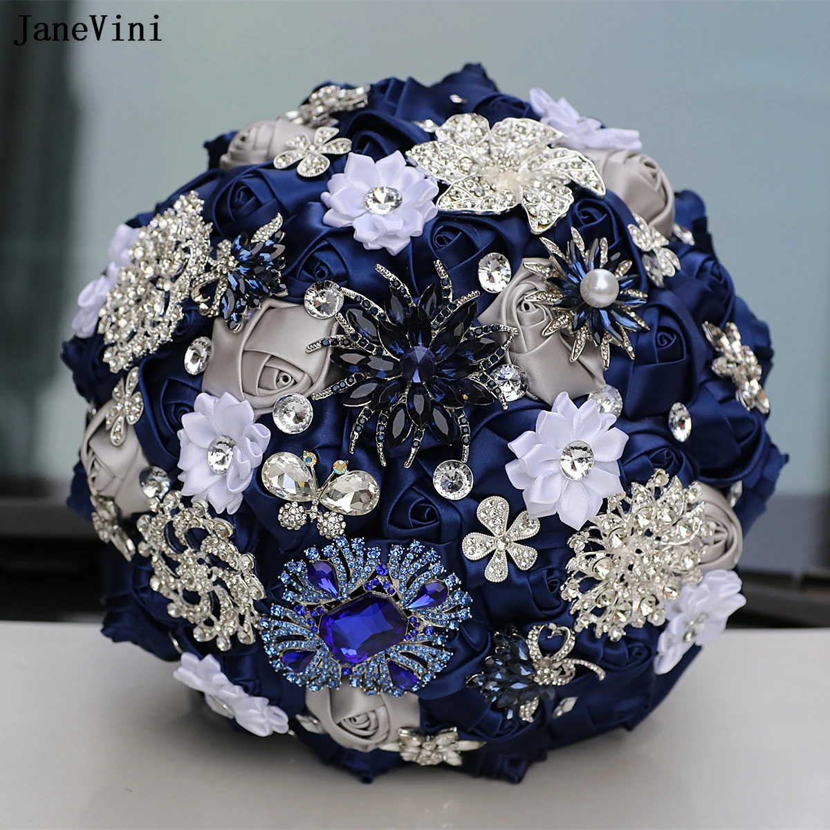 JaneVini Stunning Diamond Navy Blue&Silver Ribbon Flowers Bridal Bouquets Artificial Satin Roses Crystal Jewelry Wedding Bouquet