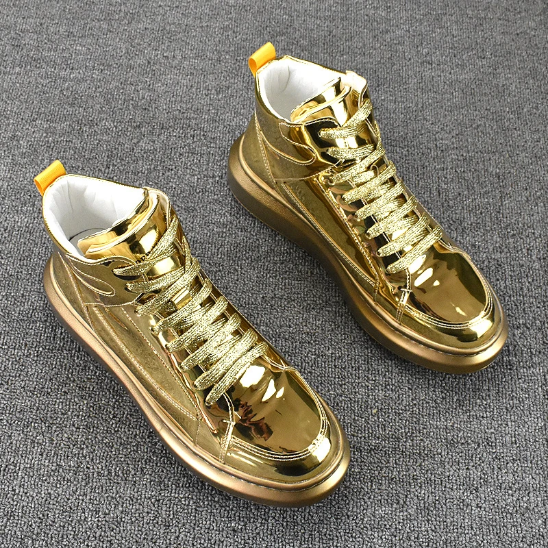 2024 Men\'s High Top Sports Shoes Fashion Shiny Leather Gold Silver Luxury Skateboard light soft Boots Sneaker high-quality