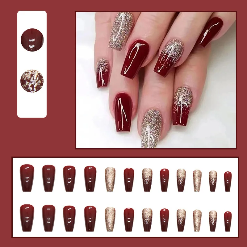 

Hot Selling Flashing Gold Wine Red False Nails for Bridal Nail Art Mid-length Fake Nails Holiday New Year Ins Style