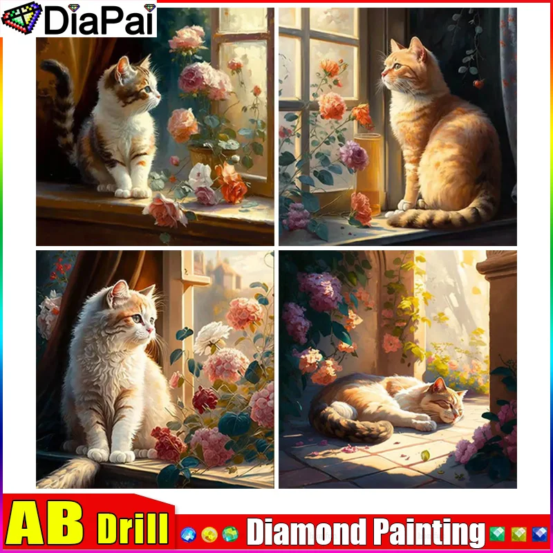 DiaPai-Peinture Diamant Thème "Chat Animal Fl240", Broderie Complète AB, Points de Croix, Motifs Strass, Décoration de Maison Inachevée, DIY