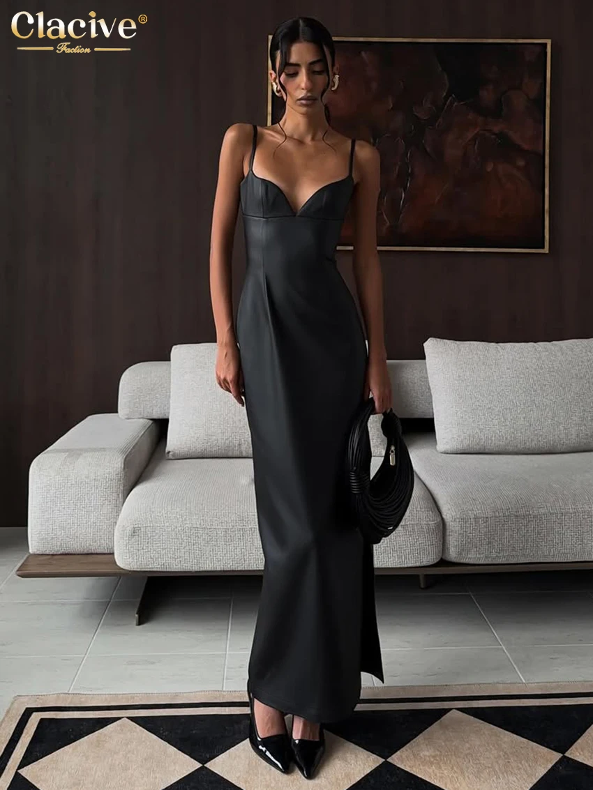 

Clacive Sexy Slim Black Pu Leather Women's Dress 2026 Summer Strap Sleeveless Ankle Length Dresses Bodycon Solid Female Dress