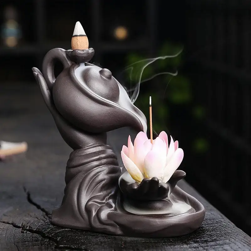 Buddha Hand Backflow Incense Burner Buddha Lotus Hand Backflow Incense Burner Lucky Church Bowl Charcoal Metal Vintage Decor