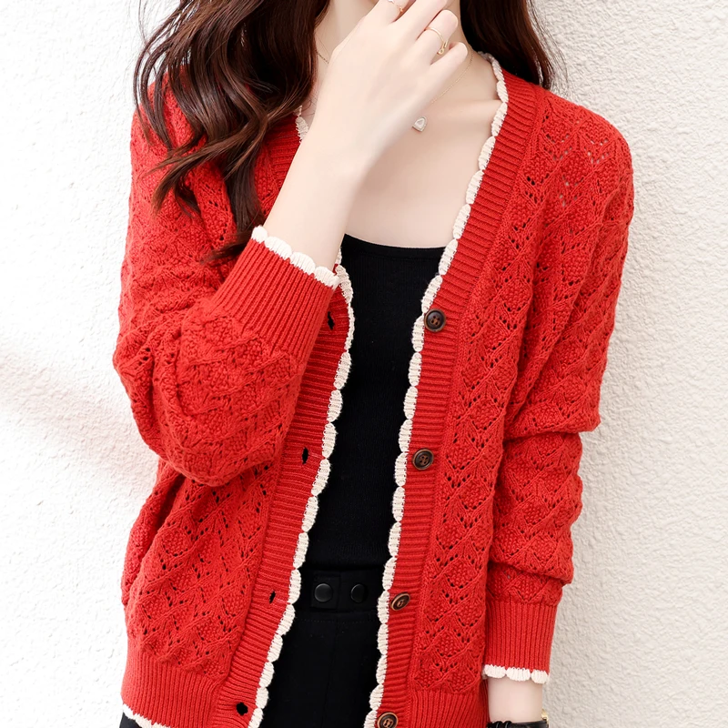 Woman\'s Pure Cotton Cardigan Boutique High-End Solid Color Soft Knit Thin Style Cardigan V-Neck Cozy Casual Versatile Women Tops