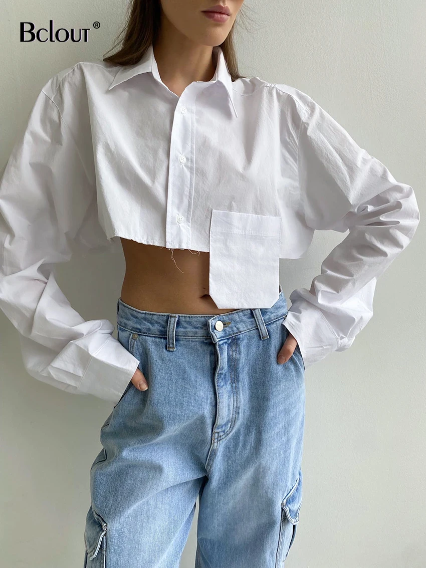 Bclout Casual Patchwork White Shirts Women Autumn Long Sleeve Solid Street Crop Tops Fashion Loose Green Sexy Short Blouses 2022