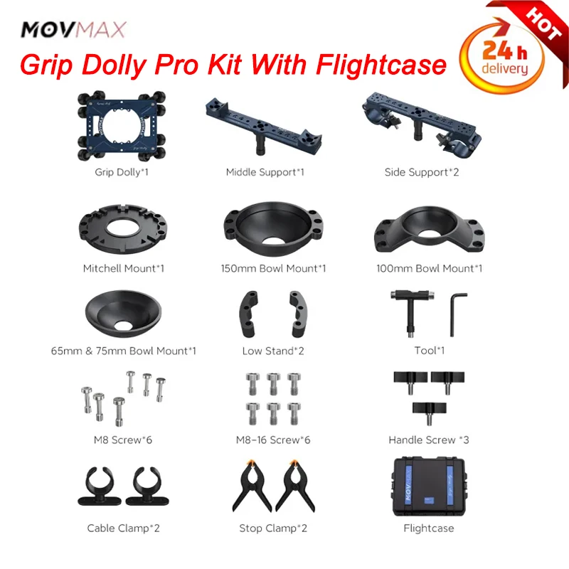 Movmax Grip Dolly Pro Kit with Flightcase ,with Lifeng Car Racket Damping System,Single Suction Up Bearing 10Kg,Quick Assembly