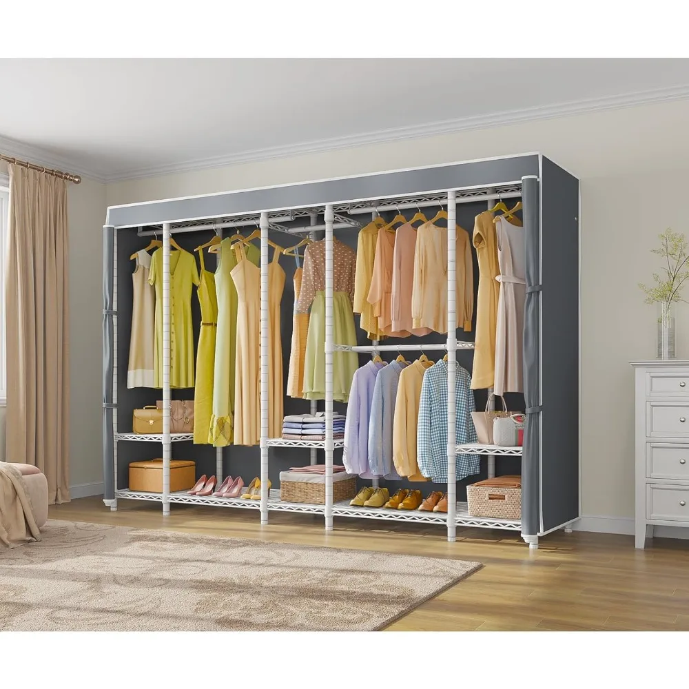 US Extra Large Coverd Clothes Rack, White Portable Closet Rack with Grey Cover, Multi-Functional Freestanding Wardrobe