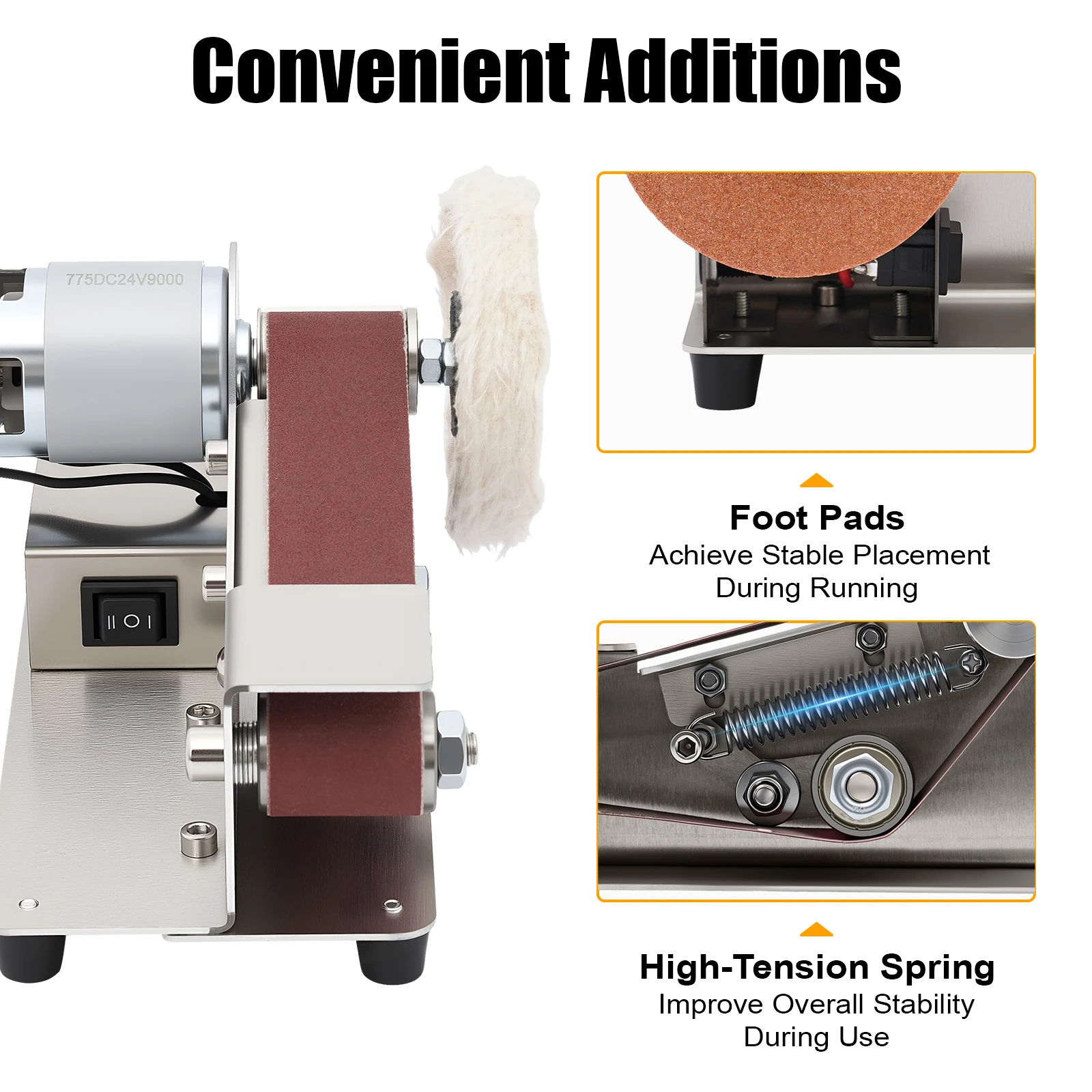 Mini-Bandschleifer, elektrisches Schleifen, Polieren, Schleifmaschine, elektrischer Bandschleifer, 7 Gänge, Geschwindigkeit 1–45 ° Einstellwinkel – Detail 2