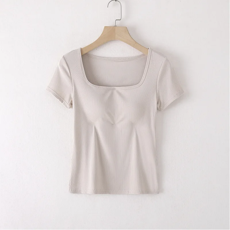 Camiseta de dormir de cuello cuadrado para mujer, Top de verano con almohadilla en el pecho, pijama de una pieza, camisa de fondo marrón, ropa de dormir de manga corta