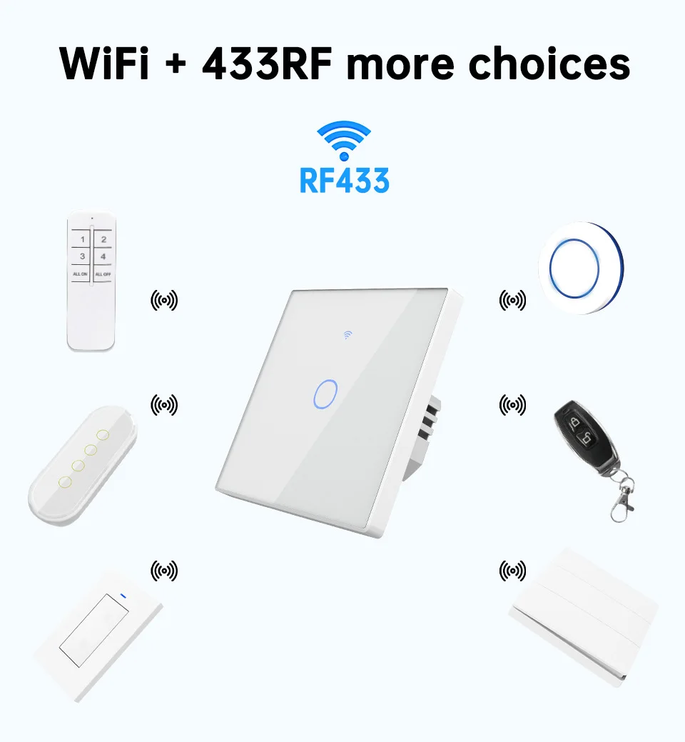 TUYA WiFi RF433 Wall Touch Switch - Suitable for EU lamps. Compatible with Alexa and Google Home. Remote 1/2/3/4 sockets.