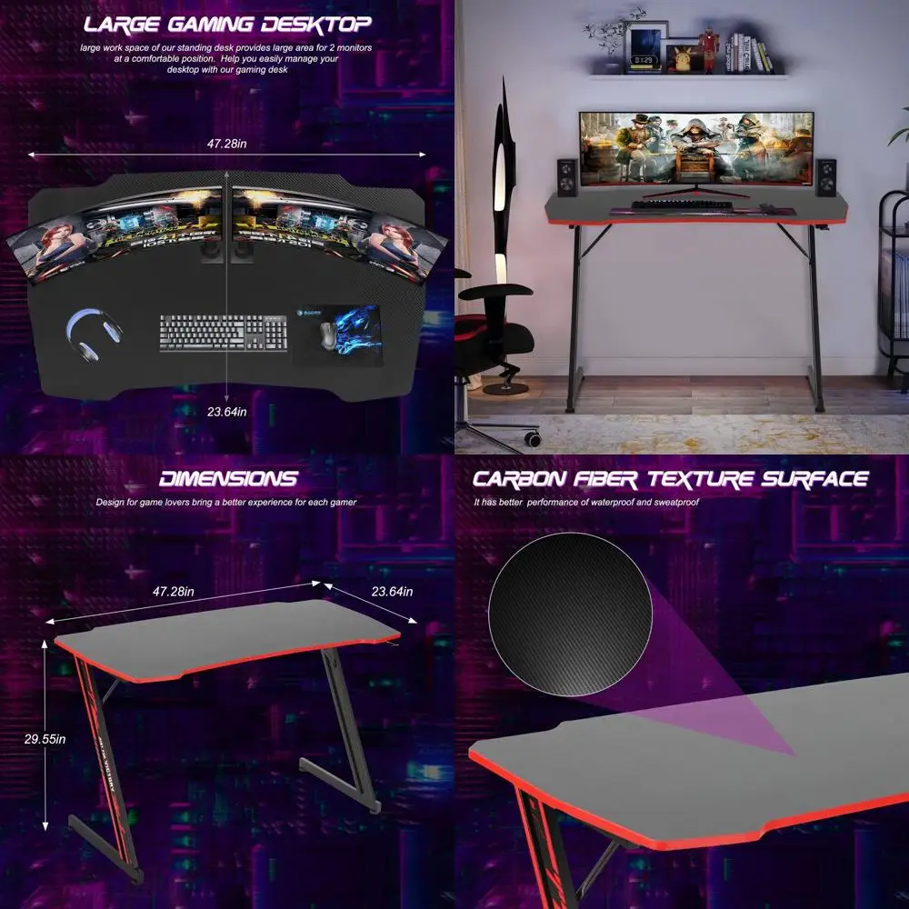 

Ergonomic Z-Shaped 47-inch Gaming Desk with Peg Hook for Gamers, Red