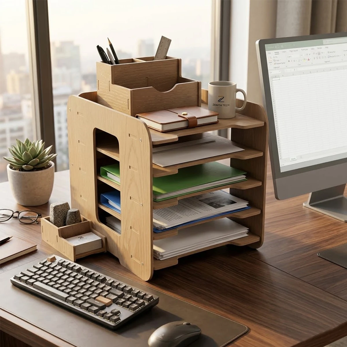 5-layer file manager with detachable pen holder, A4 paper file and letter storage rack for office and home desktop organization