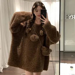 Cute Little Bear Lamb Wool Sweatshirts For Women Kawaii Pullover Sweetheart Women Autumn Winter Loose O-Neck Tops Female + Bag