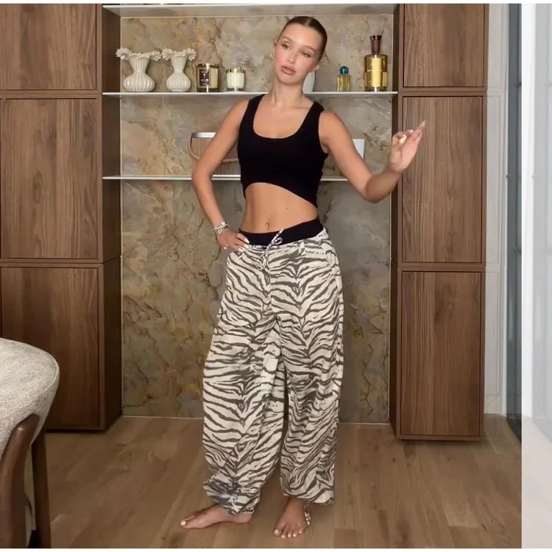 Damen-Freizeithose mit Zebramuster, Kordelzug, elastische Taille, verstellbare Bindebänder am Saum, lockeres, weites Bein, für den täglichen Gebrauch, Streetwear-Hose – Detail 4