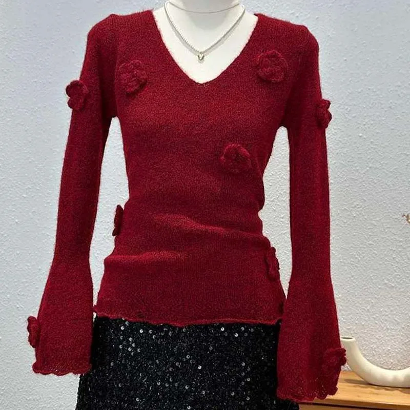 Korean Women V-Neck Long Sleeve Knitted Sweater Spring Autumn 3D Flower Knitting Sweater Fashion Temperament Knitwear Tops Soft