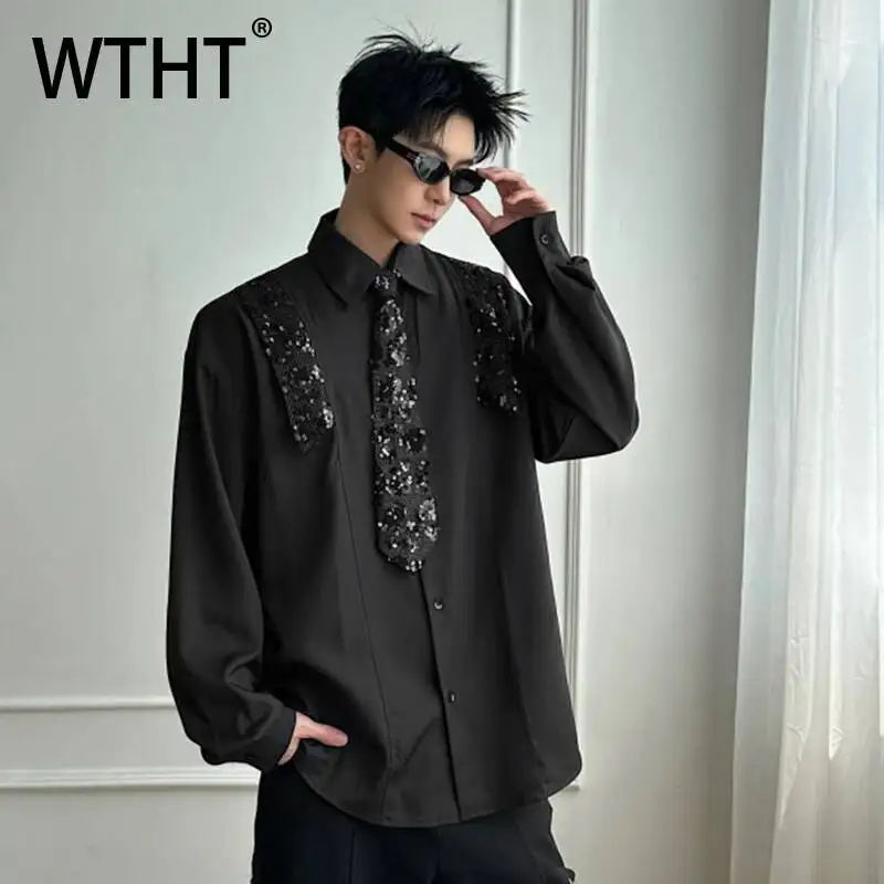 WTHT Fashion Men's Spliced Lace Sequins Tie Design Shirts Trendy 2026 Summer Turn Down Collar Casual Tops Male 2A3063